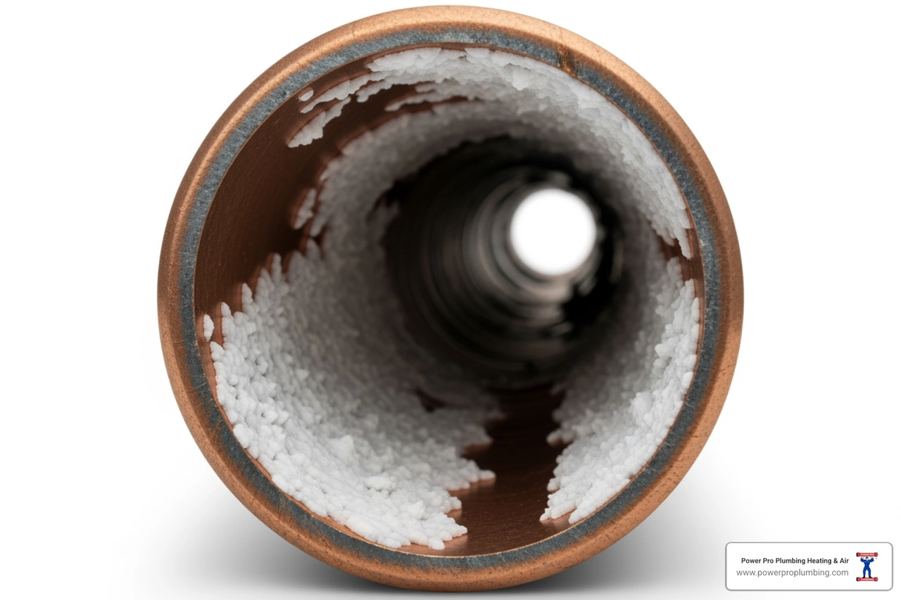 scale buildup inside a copper pipe showing mineral deposits narrowing the water passage scale buildup inside a copper pipe showing mineral deposits narrowing the water passage