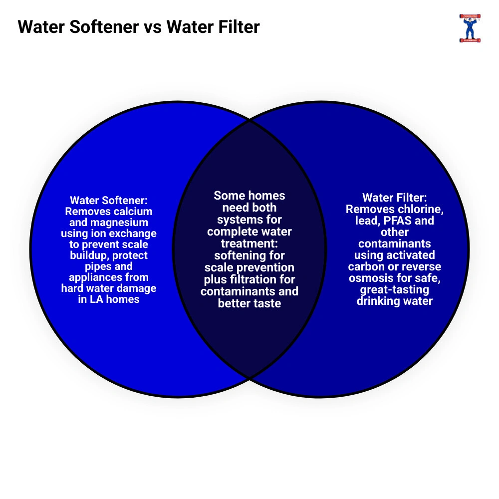Infographic comparing water softener vs water filter: functions, technology, and best use cases side by side infographic Infographic comparing water softener vs water filter: functions, technology, and best use cases side by side infographic
