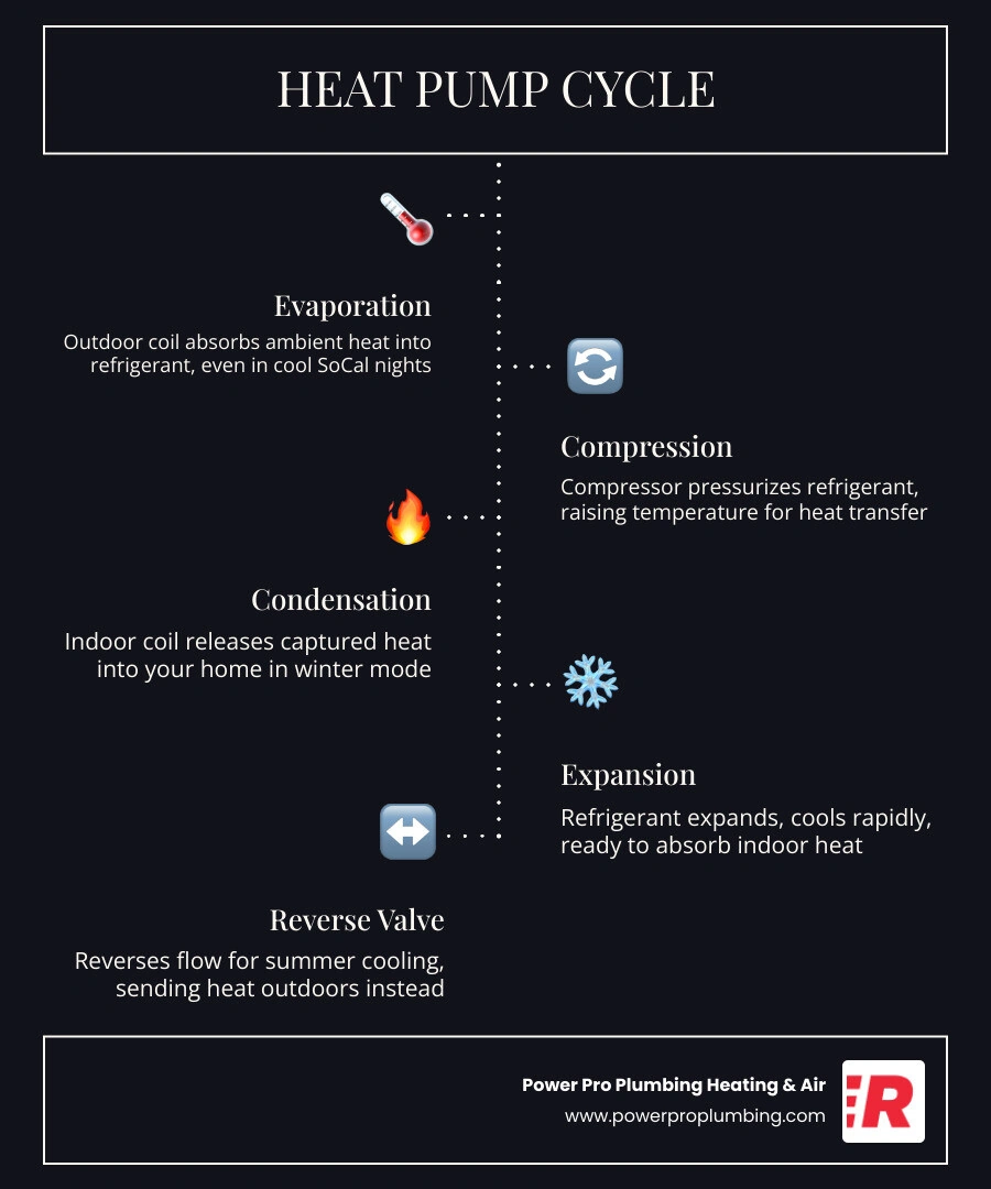 infographic showing the heat pump refrigerant cycle in heating and cooling modes for Southern California homes infographic infographic showing the heat pump refrigerant cycle in heating and cooling modes for Southern California homes infographic