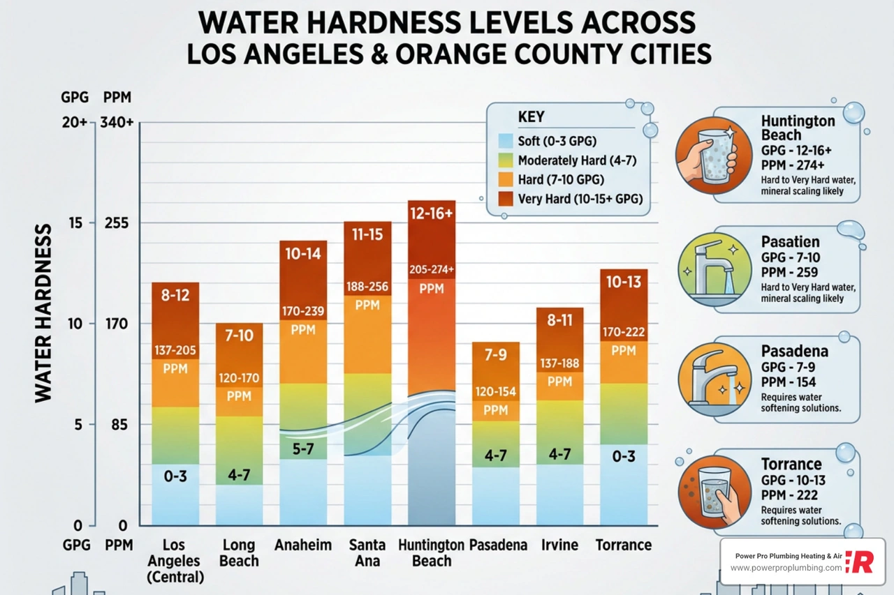 infographic showing water hardness levels in Los Angeles and Orange County cities with GPG and PPM values