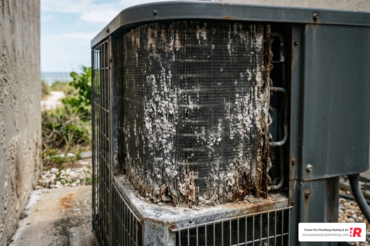coastal AC unit showing salt air corrosion on aluminum coils
