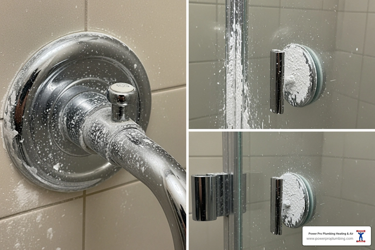 Scale buildup on a bathroom faucet and shower glass in a Southern California home