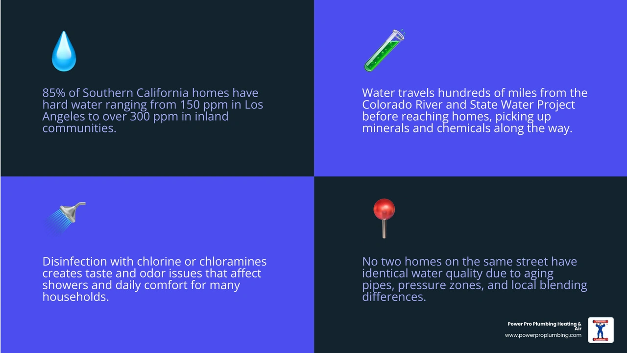Infographic showing Southern California water quality issues including hard water levels by region, common contaminants, and