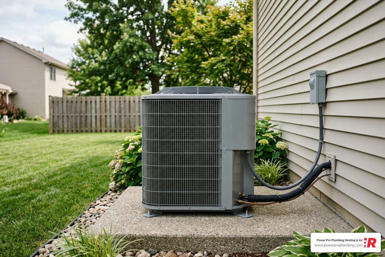 outdoor condenser unit anchored to a concrete pad in a yard