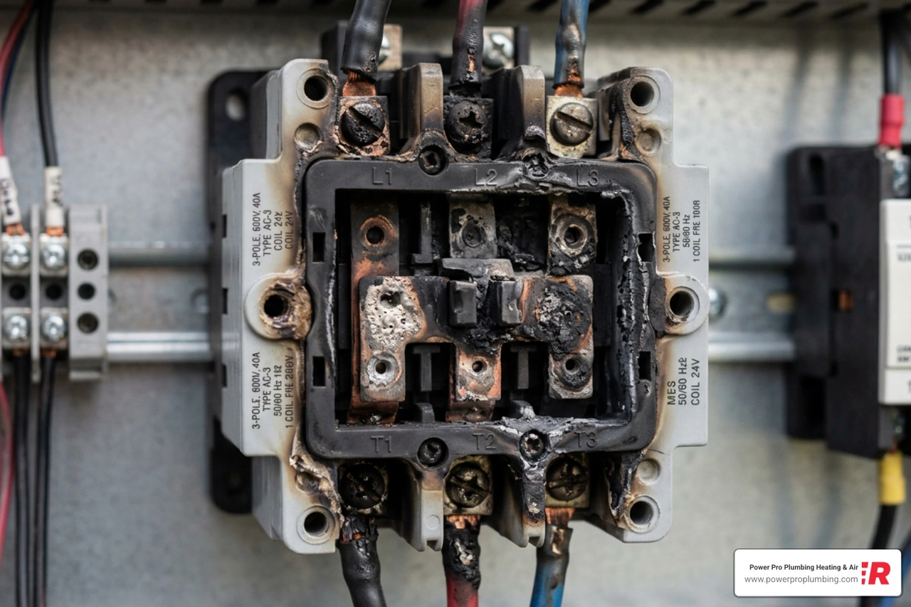 Close-up of a burned out contactor with blackened contacts and melted plastic casing Close-up of a burned out contactor with blackened contacts and melted plastic casing