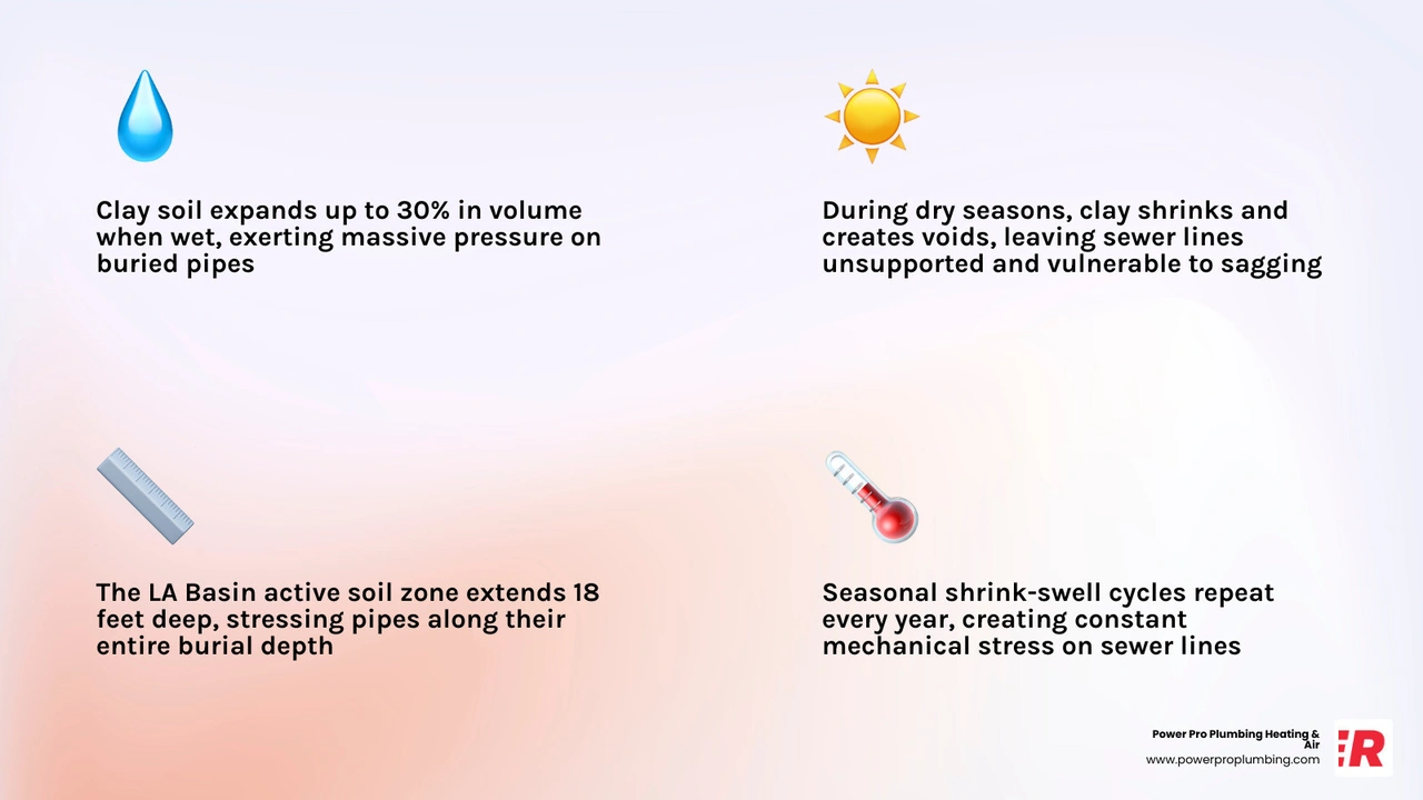 Infographic showing the shrink-swell cycle of LA Basin clay soil and its effects on buried sewer pipes infographic Infographic showing the shrink-swell cycle of LA Basin clay soil and its effects on buried sewer pipes infographic