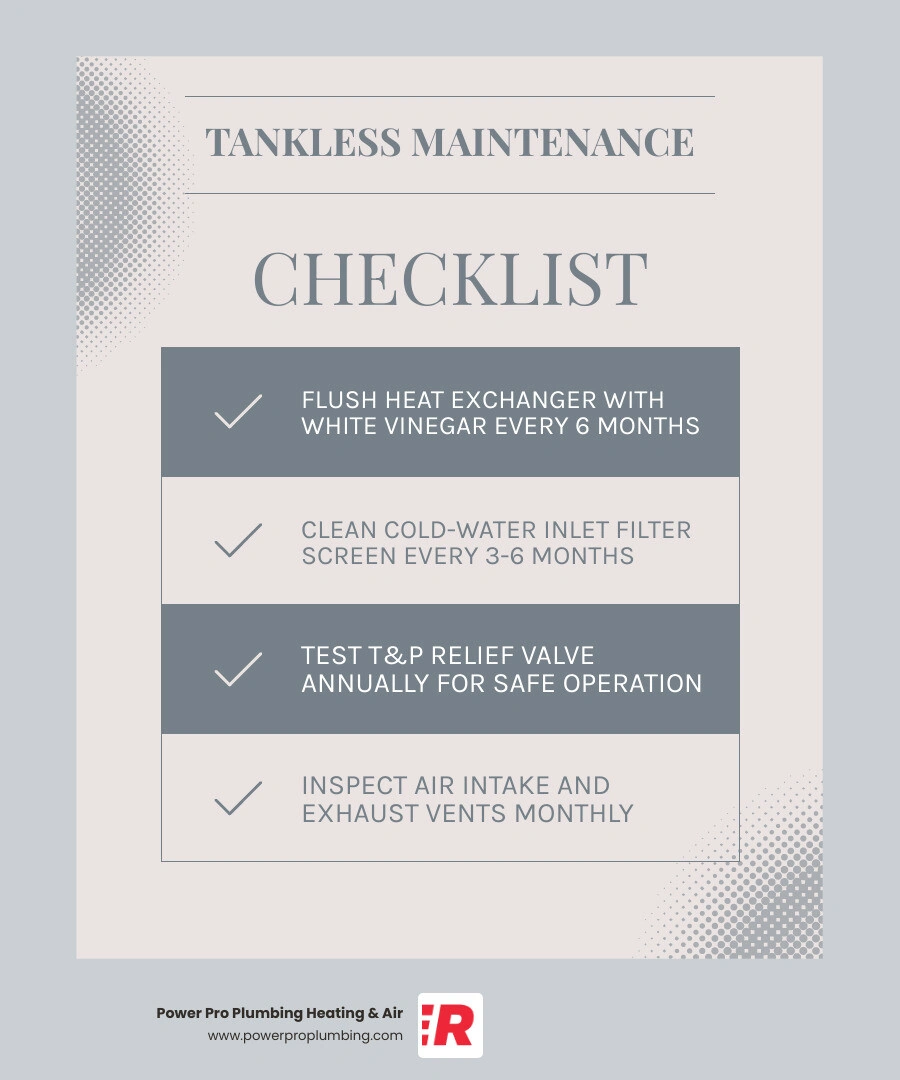 Infographic showing the essential steps to maintain a tankless water heater in hard water infographic