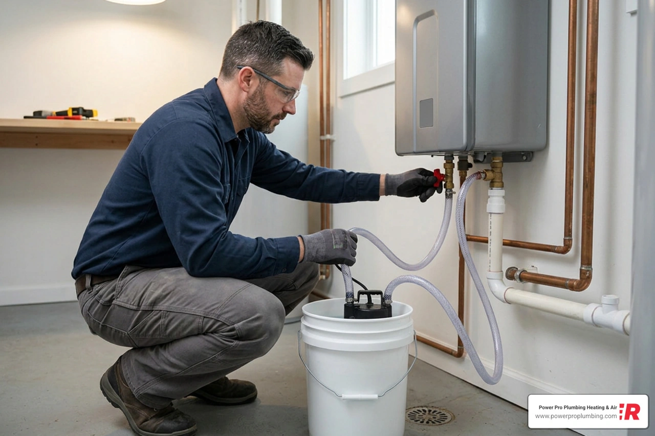 A professional plumber flushing a tankless water heater unit