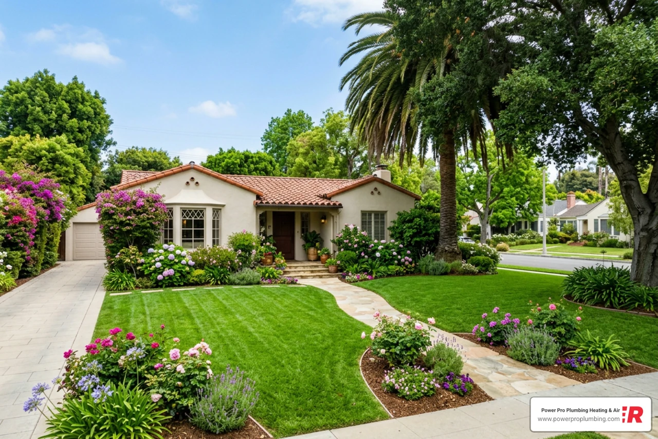 beautifully landscaped yard preserved after trenchless sewer repair in Los Angeles beautifully landscaped yard preserved after trenchless sewer repair in Los Angeles