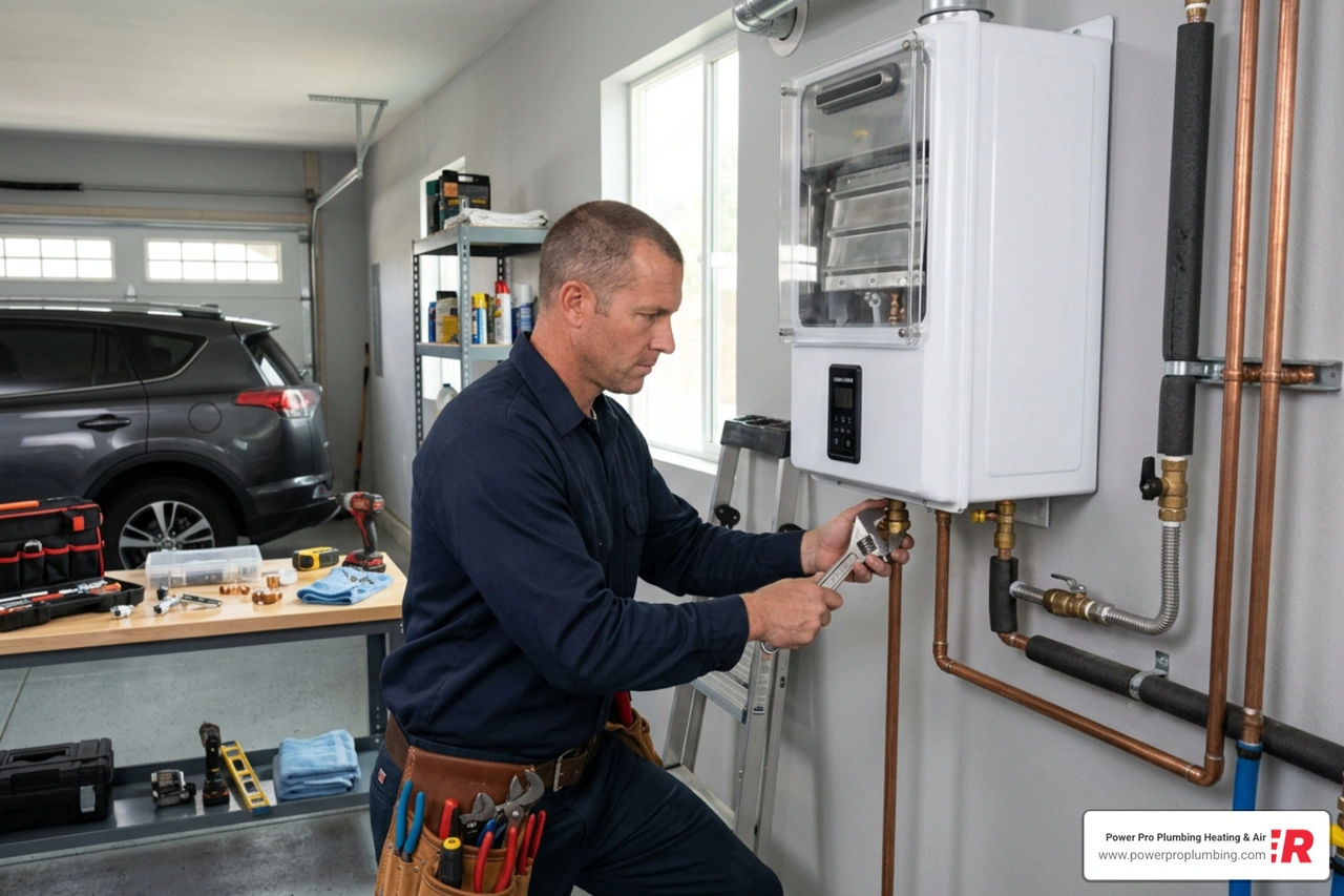 Professional plumbing technician installing a modern tankless water heater in an Orange County garage Professional plumbing technician installing a modern tankless water heater in an Orange County garage