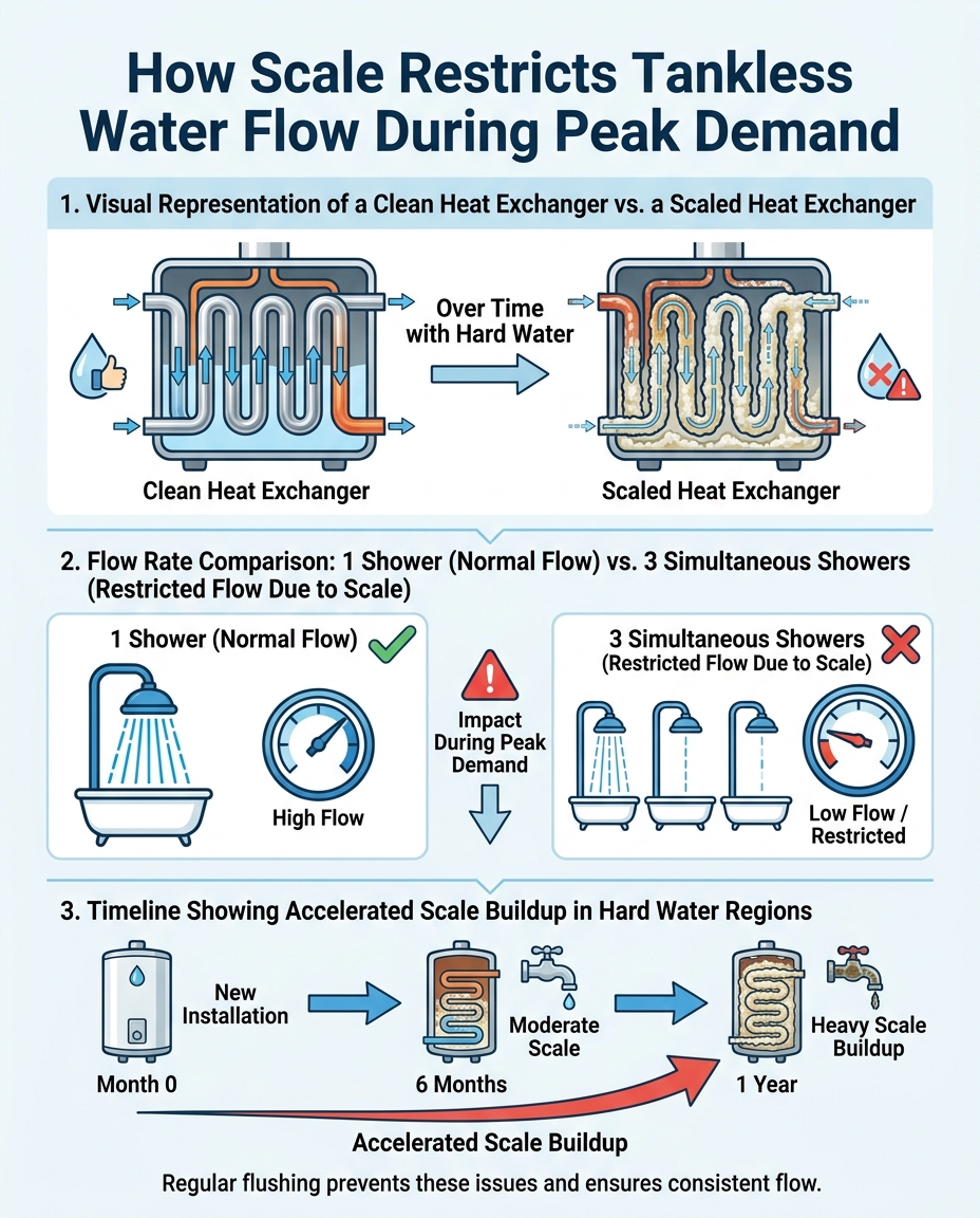 How Scale Restricts Tankless Water Flow During Peak Demand