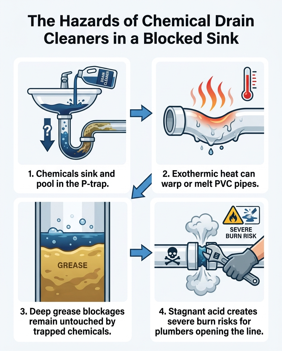 The Hazards of Chemical Drain Cleaners in a Blocked Sink