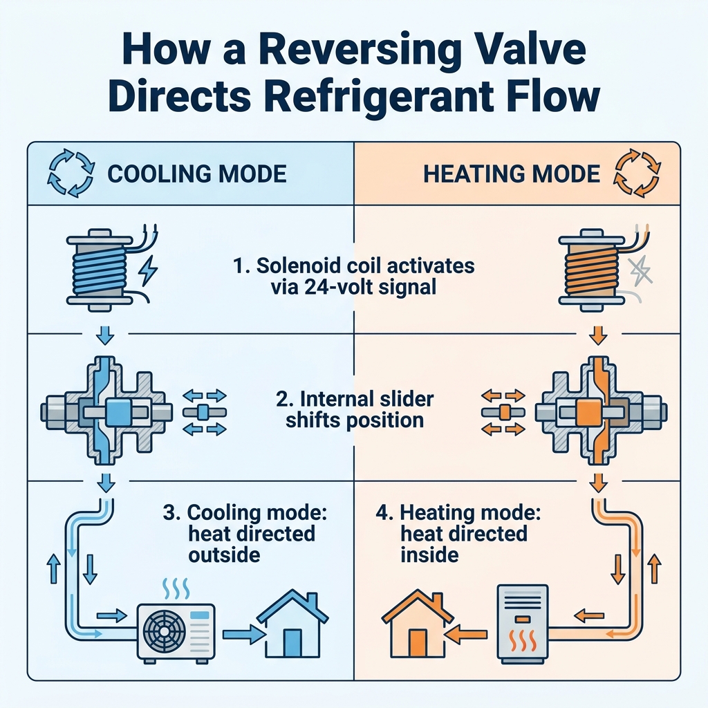 How a Reversing Valve Directs Refrigerant Flow