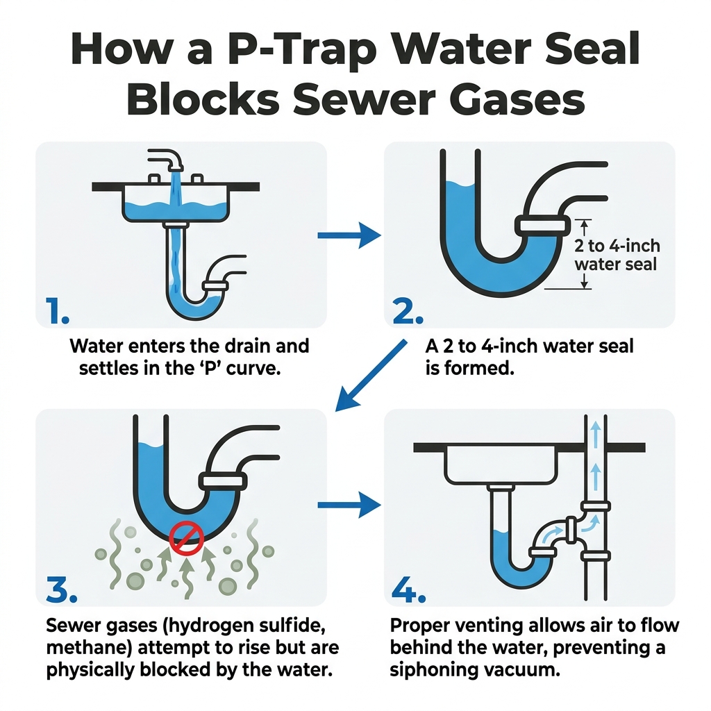 How a P-Trap Water Seal Blocks Sewer Gases