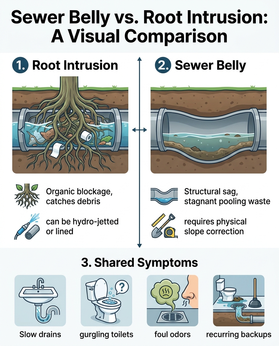 Sewer Belly vs. Root Intrusion: A Visual Comparison