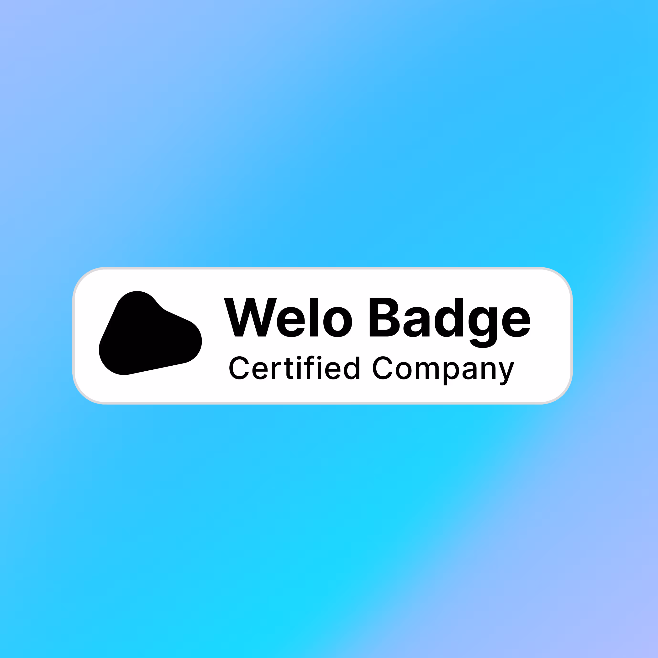 Welo Badge badge for certified company with black logo on white background and blue gradient background.