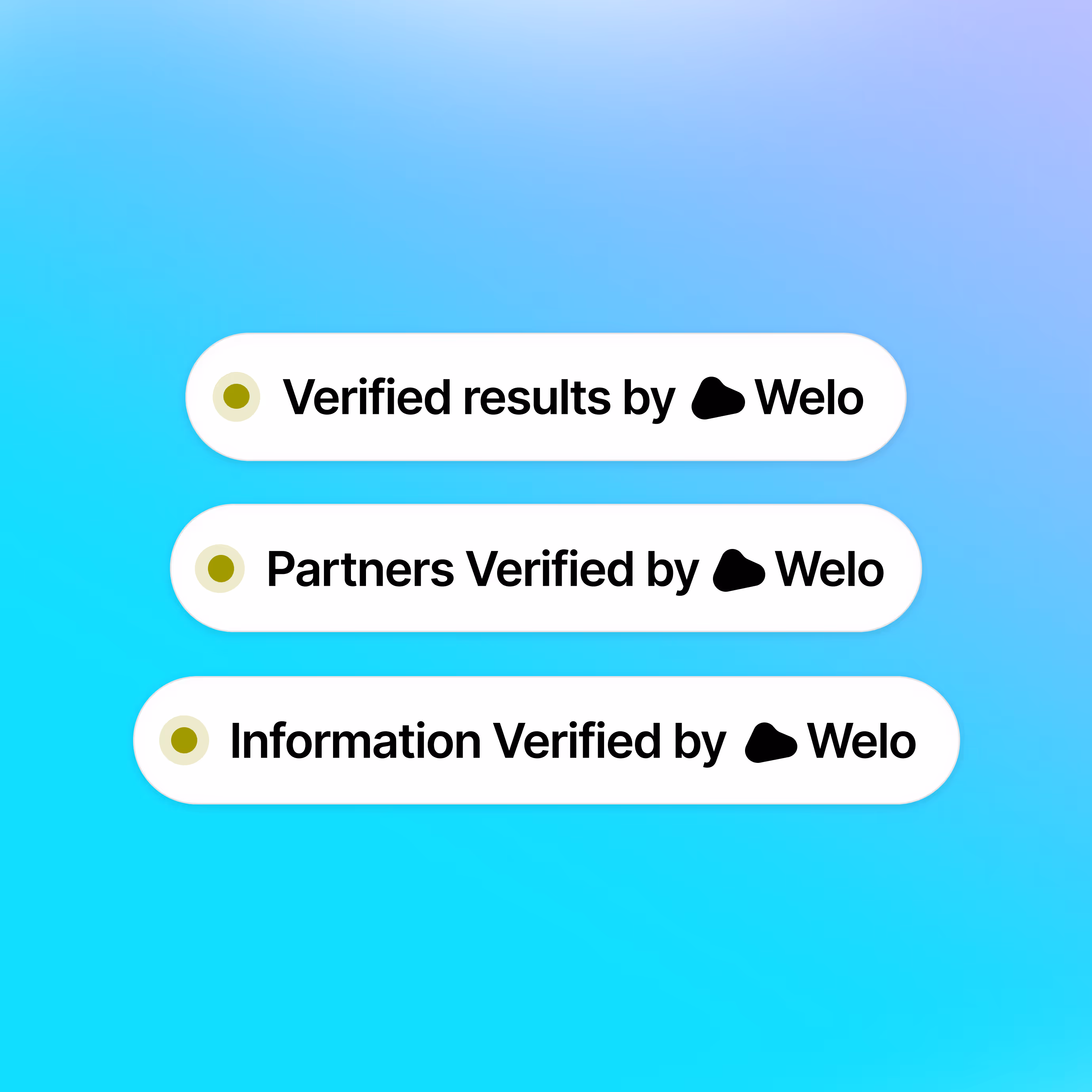 Three rounded white labels with a green circle and black text: Results verified by Welo, Partner verified by Welo, Information verified by Welo on a blue and lilac gradient background.