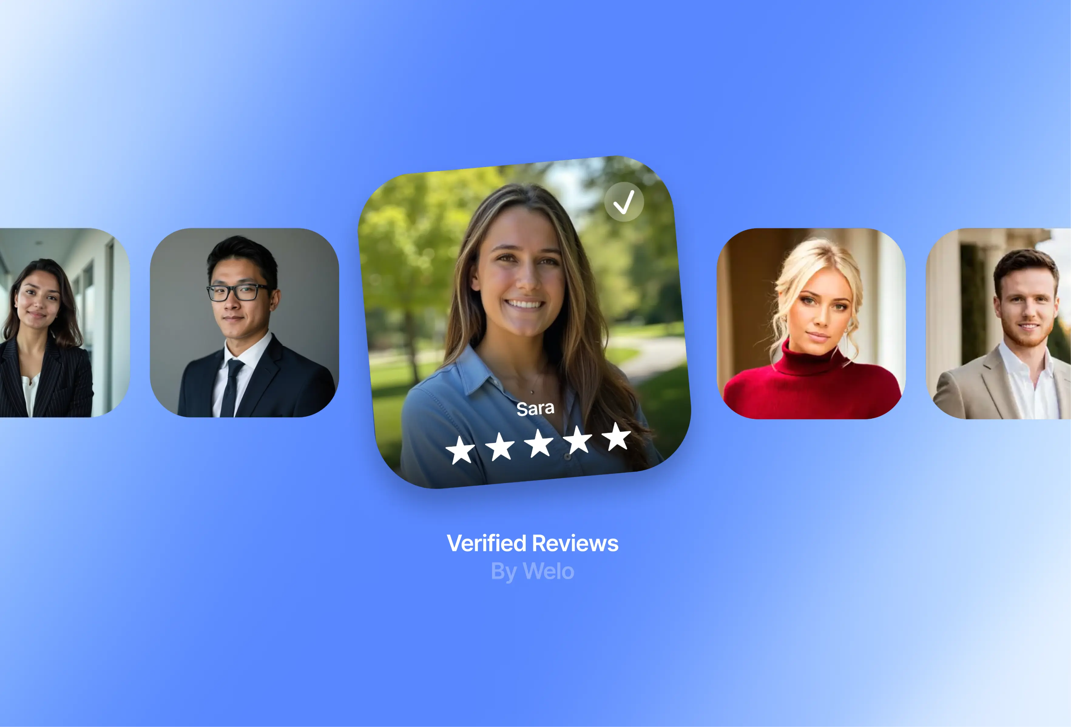 Four portraits of professional people with a highlighted foreground of a smiling woman named Sara with a five-star rating and a check mark.