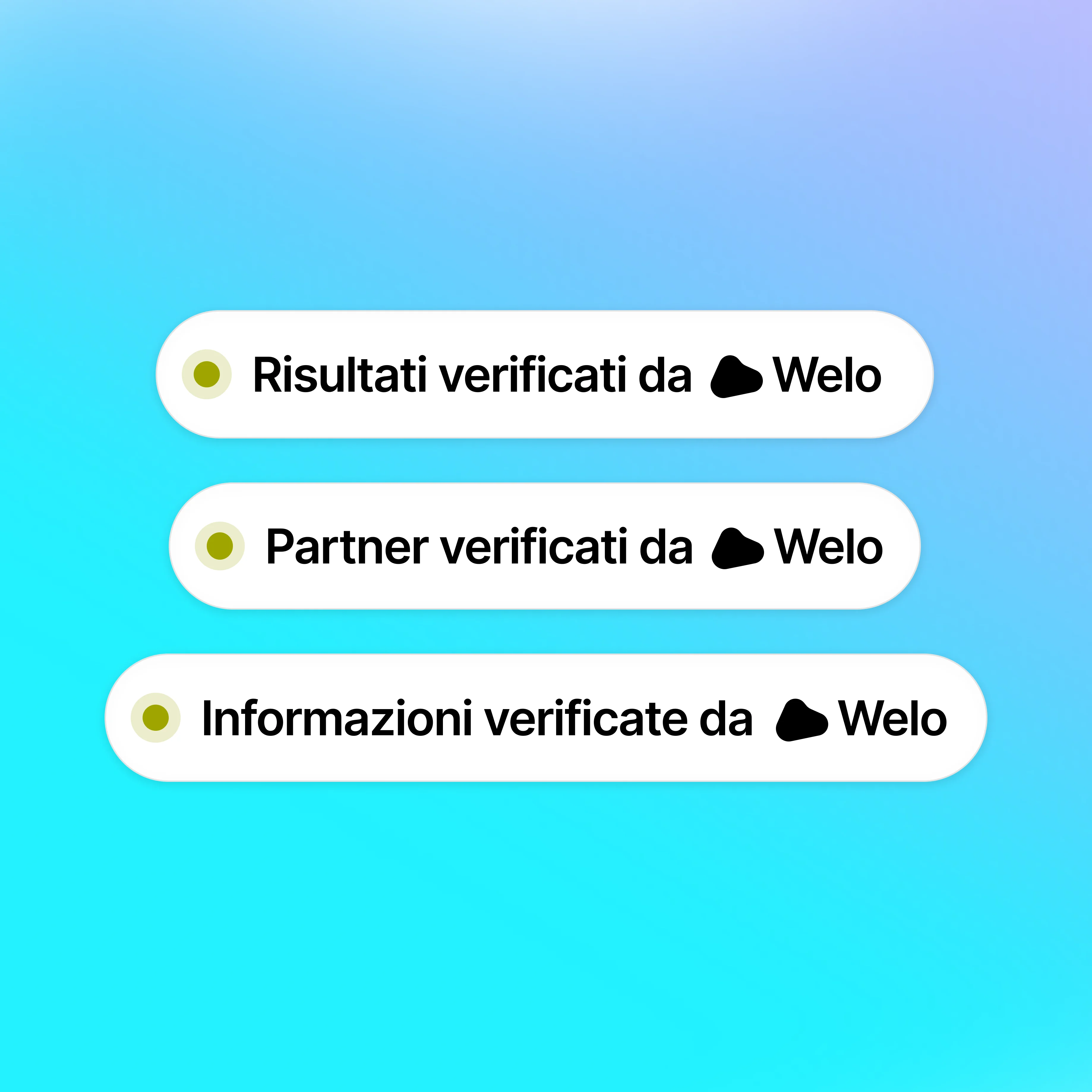 Tre etichette bianche arrotondate con punti verdi e testo nero su sfondo sfumato blu: Risultati verificati da Welo, Partner verificati da Welo, Informazioni verificate da Welo.