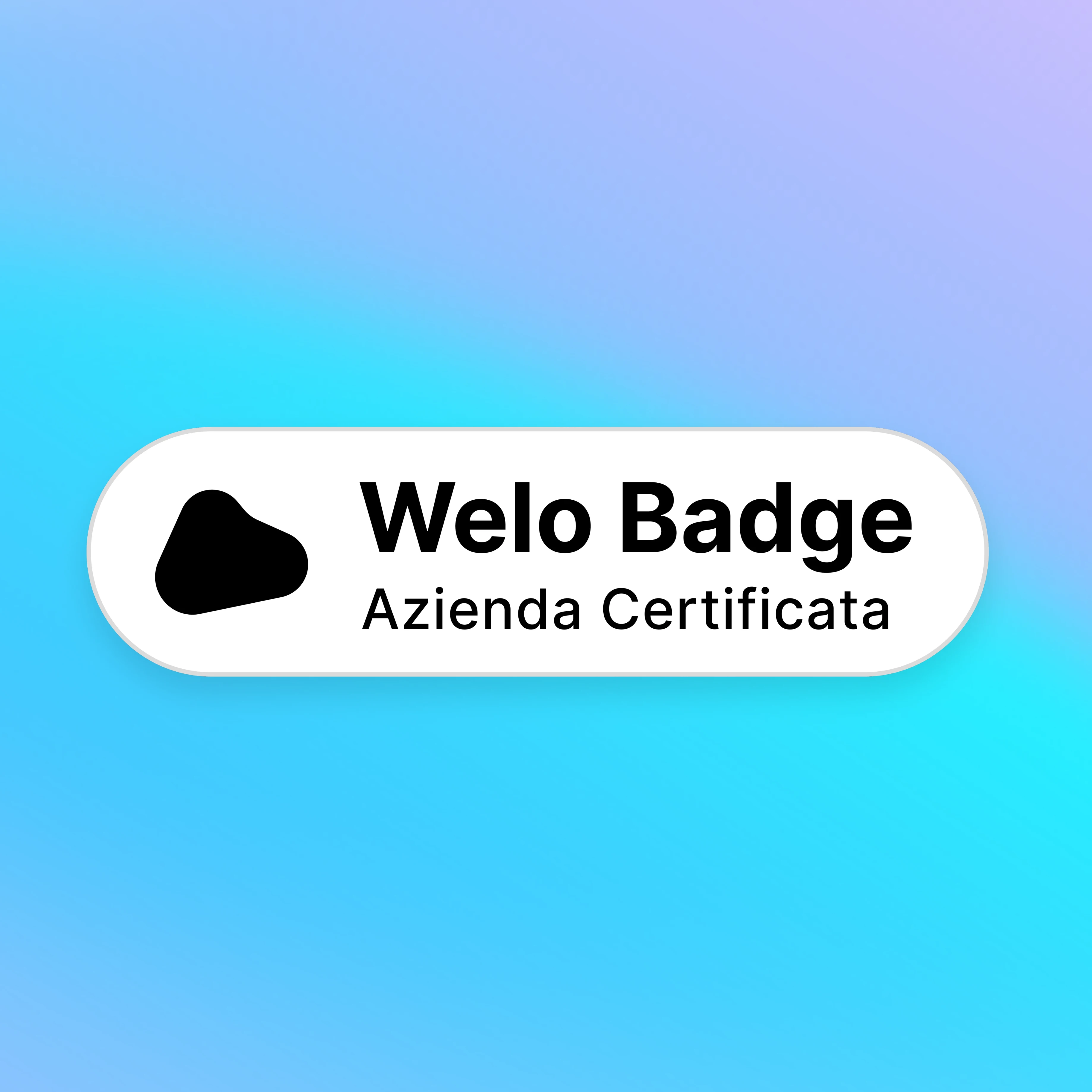 Logo Welo Badge con simbolo nero e testo azienda certificata su sfondo sfumato blu e viola.