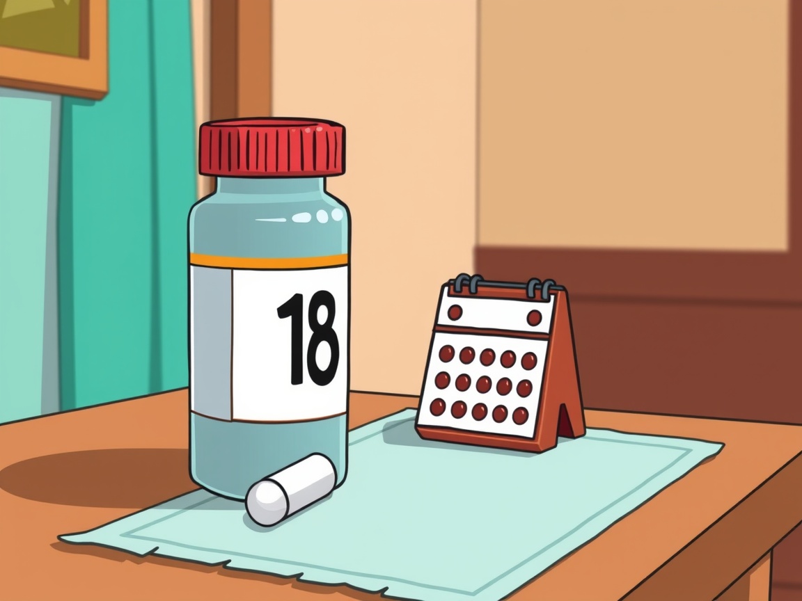 Eine Medikamentenflasche und ein Kalender auf einem Tisch.