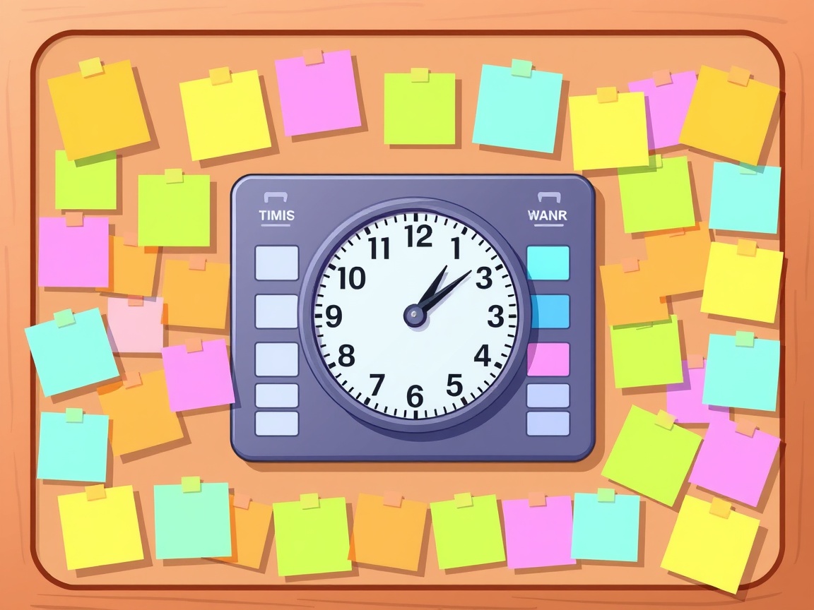 Eine Wanduhr umgeben von einem Kalender und vielen bunten Haftnotizen