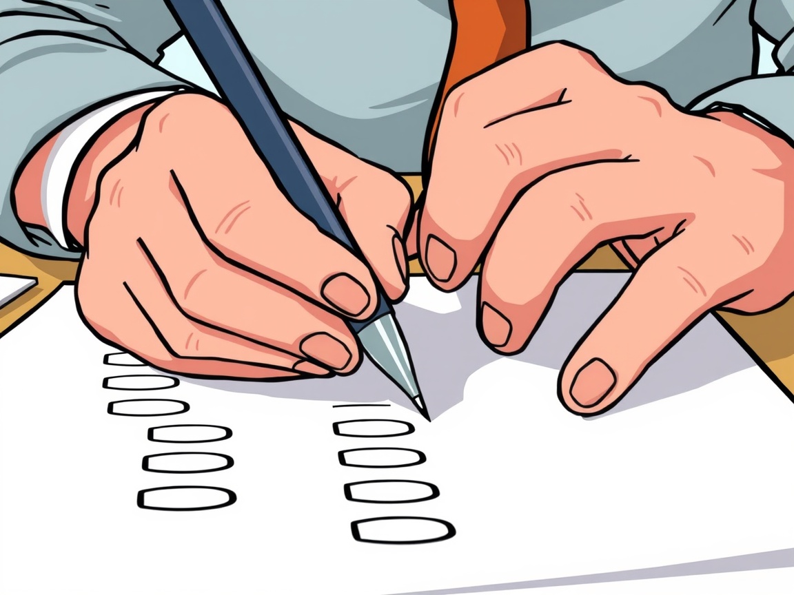 Nahaufnahme von Händen, die einen Stift über einem Fragebogen halten.