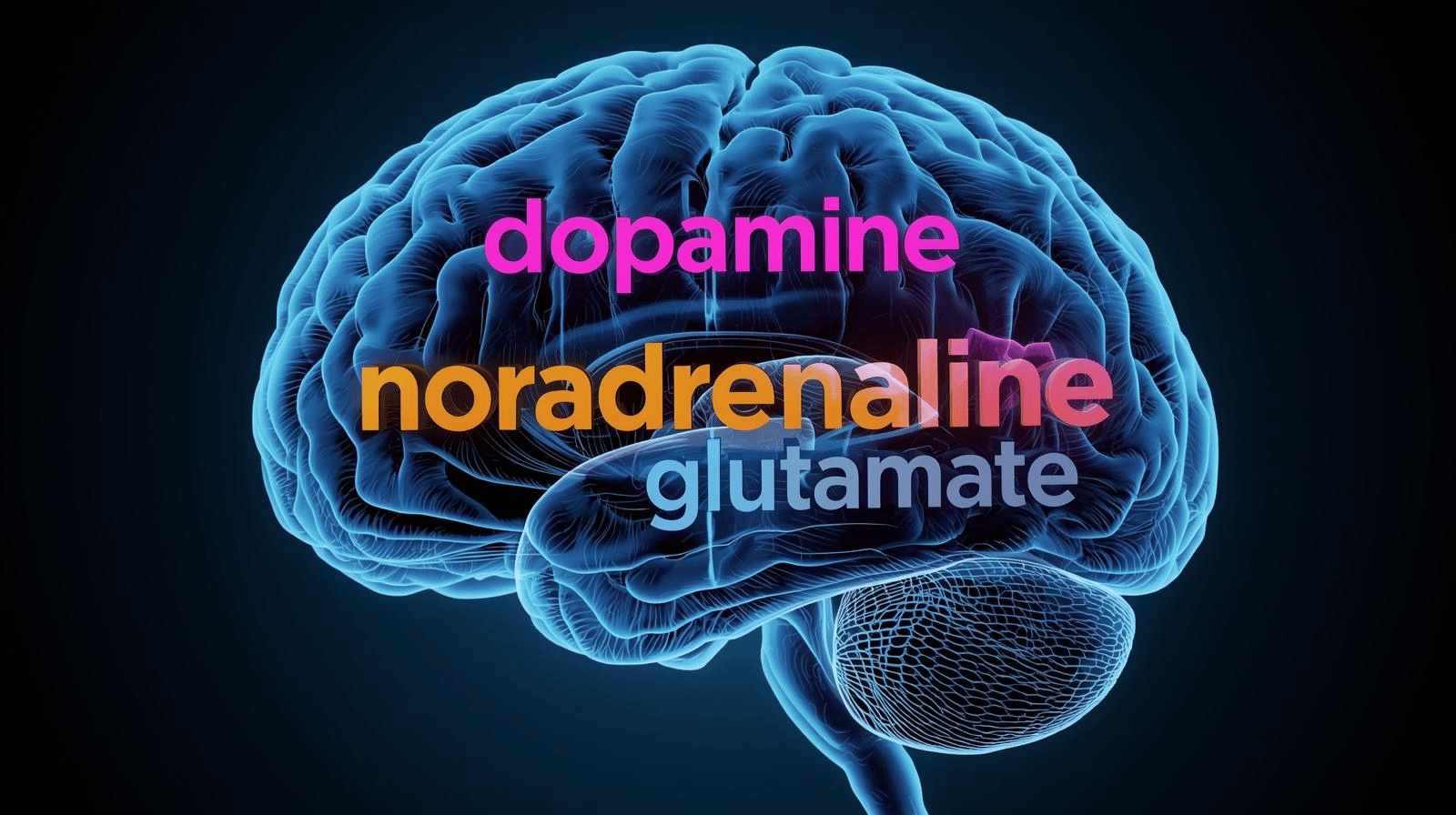 Die Abbildung eines Gehirn, mit der Aufschrift dopamine, noradrenaline, glutamate.