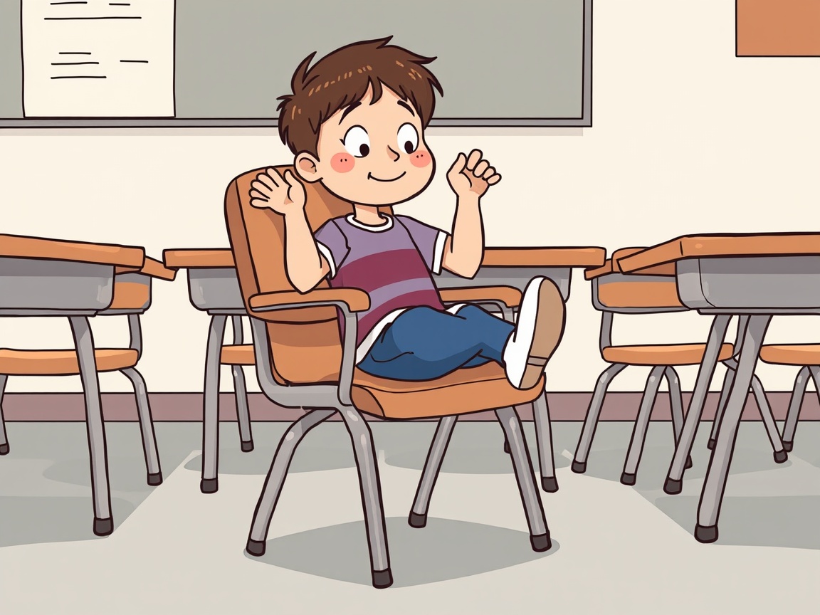 Ein Kind zappelt auf einem Klassenstuhl, Hände und Füße bewegen sich unruhig