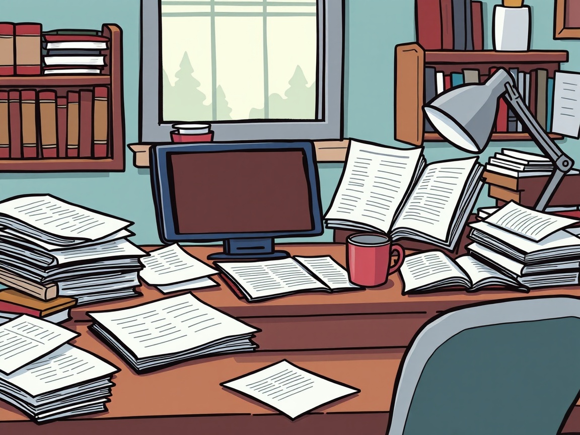 Schreibtisch mit verstreuten Papieren, offenen Büchern und einer Tasse