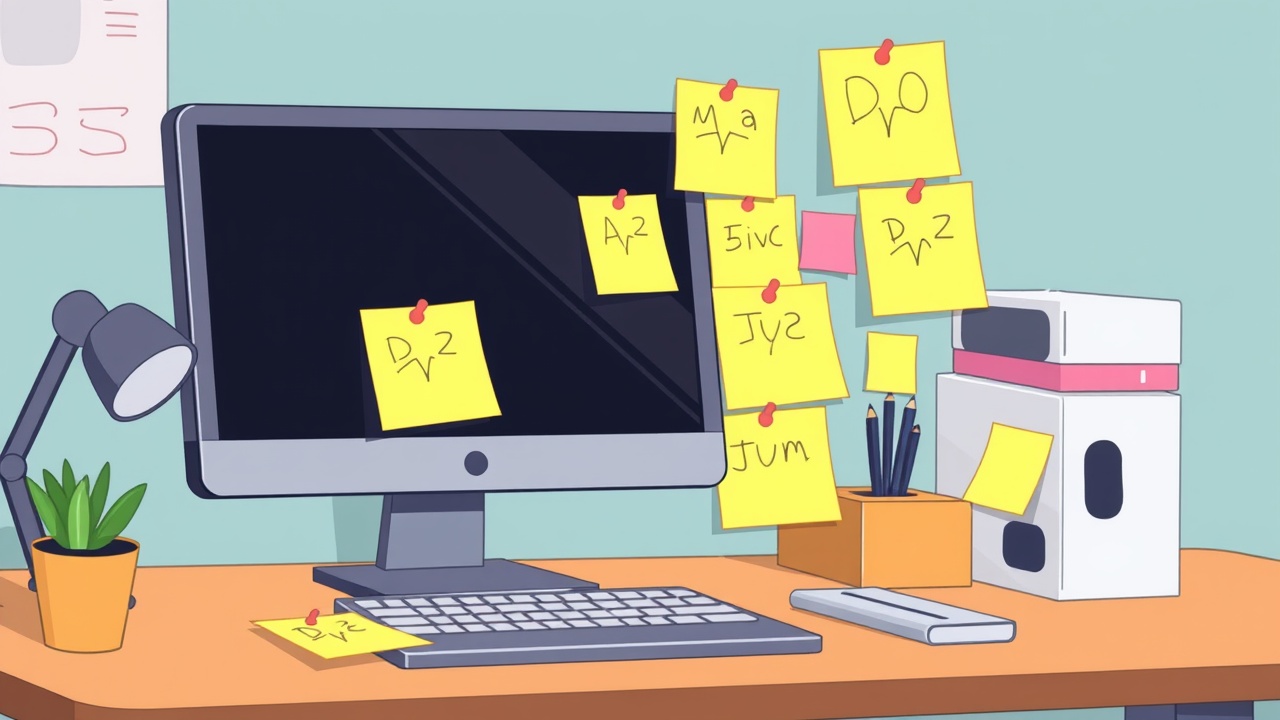 Haftnotizen überall am Laptop und Monitor