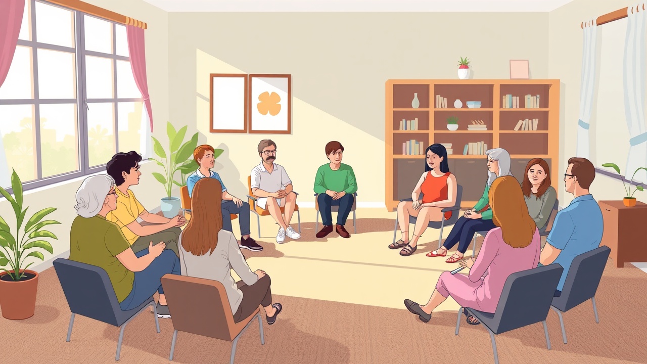 Erwachsene sitzen in einem Kreis in einem hellen Raum für eine Gruppentherapie.