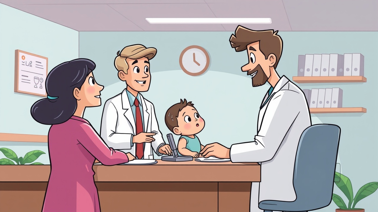 Ein Elternteil spricht mit einem Arzt an einem Schreibtisch in der Klinik