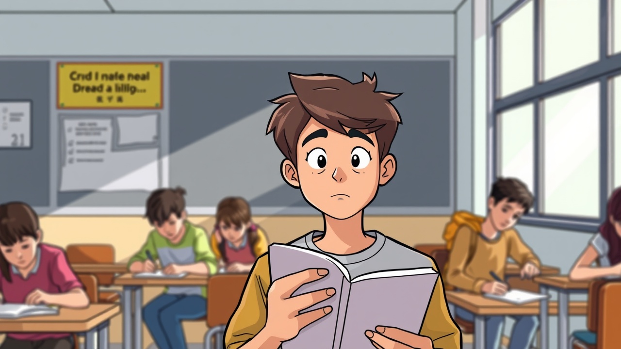 Ein Teenager starrt auf ein leeres Heft, während Mitschüler arbeiten.