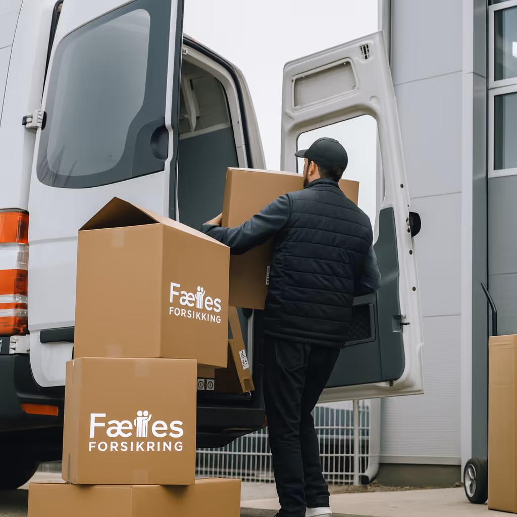 En mand der transportere erhversvarer. Der er Fælles Forsikring logoer på papkasserne.