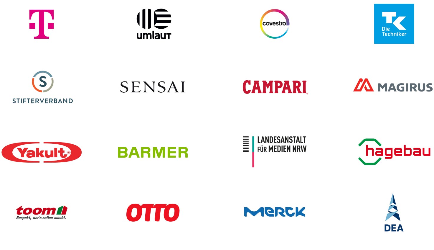 Logos of clients i worked with. Telekom, umlaut, covestro, Techniker Krankenkasse, Stifterverband, Sensai, Campari, Magirus, Yakult, Barmer, Landesanstalt für Medien NRW, hagebau, toom Baumarkt, Otto, Merck, DEA.