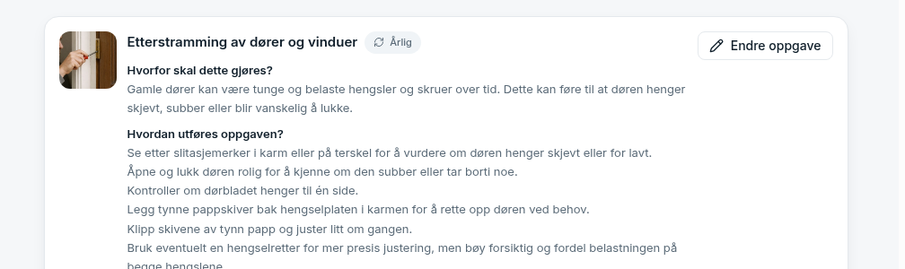 Vedlikeholdsmal for hus: etterstramming av dører og vinduer