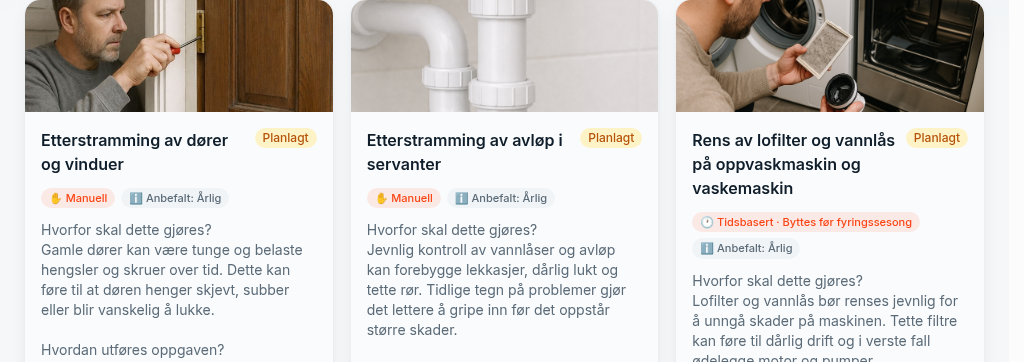 Oppgaver på norsk: dører og vinduer, avløp, og filter