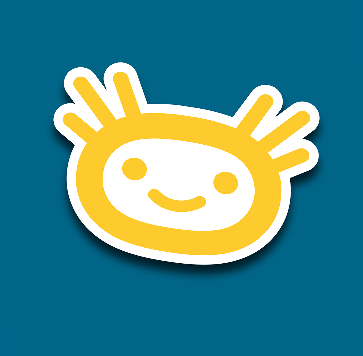 Ein einfaches, gelbes Cartoon-Gesicht mit fünf stacheligen Linien oben, zwei Punktaugen und einem lächelnden Mund, weiß umrandet auf einem blaugrünen Hintergrund.