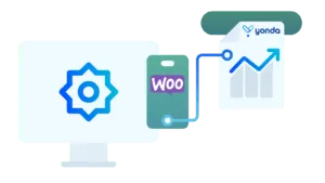 A mobile device containing the WooCommerce logo is linked to a data visualization holding the Yonda Tax logo.