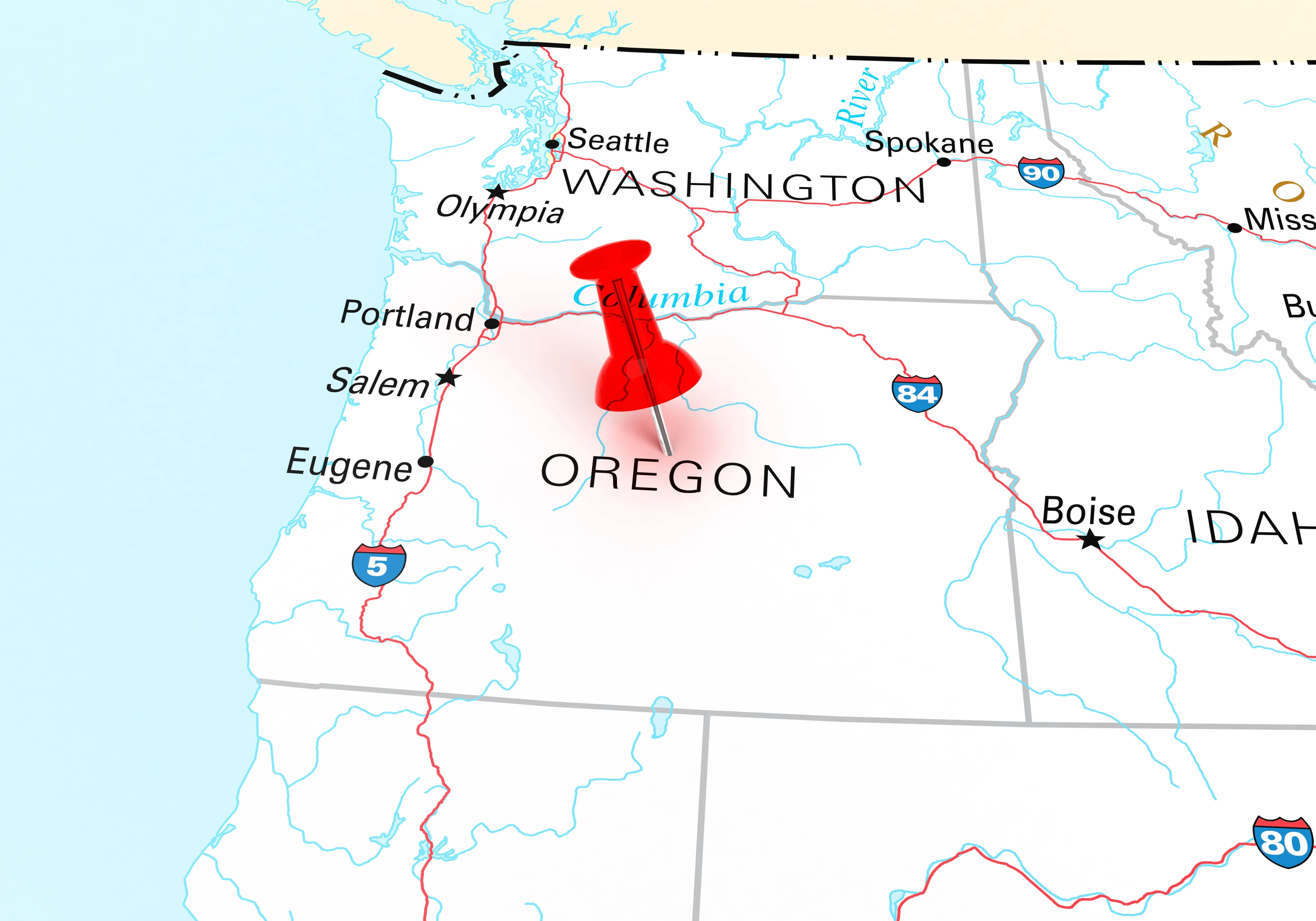 Red thumbtack over oregon state usa map