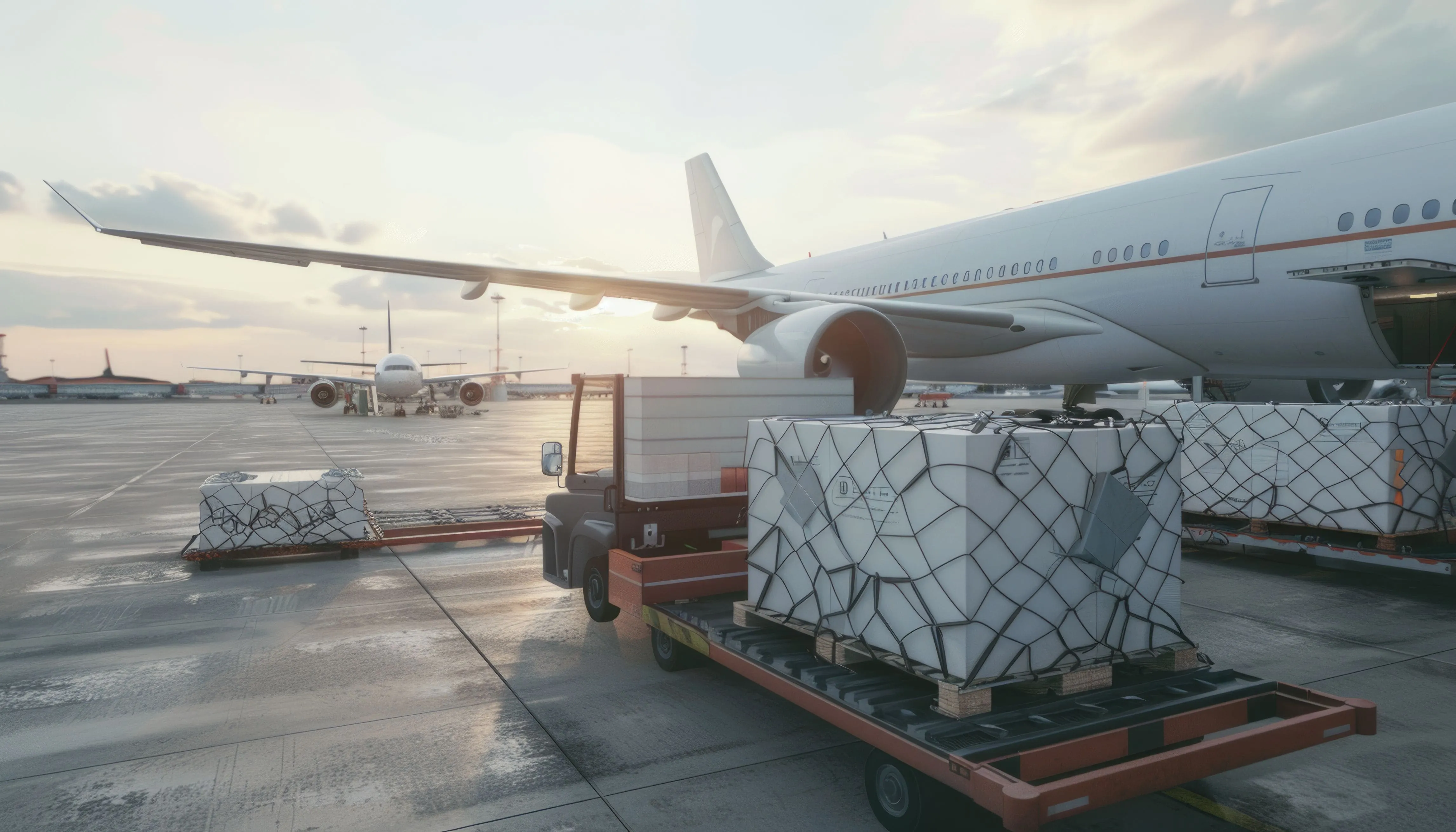 Airport cargo transportation with truck and airplane at sunset in the US