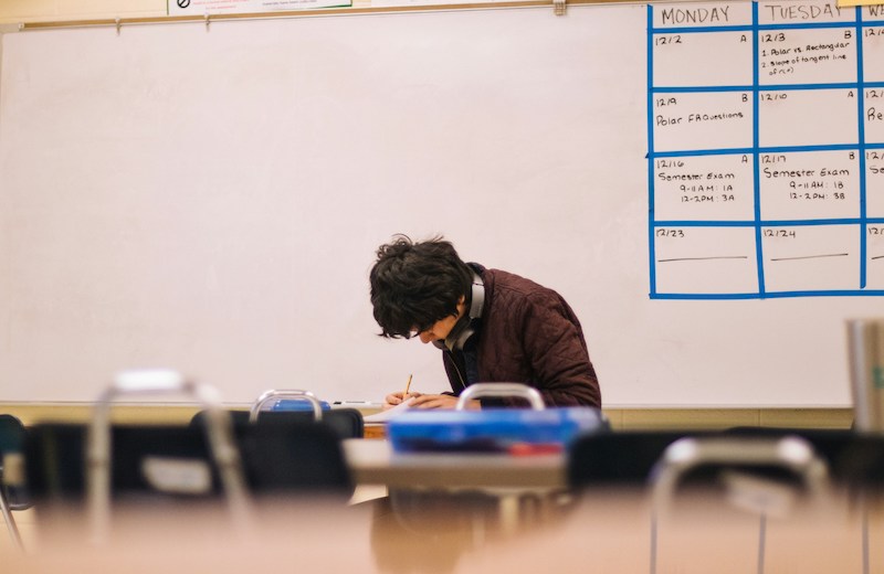 student studying in a classroom