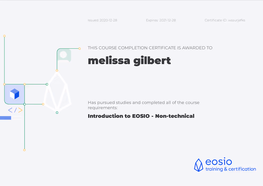 Eosio Certificate - Melissa Gilbert