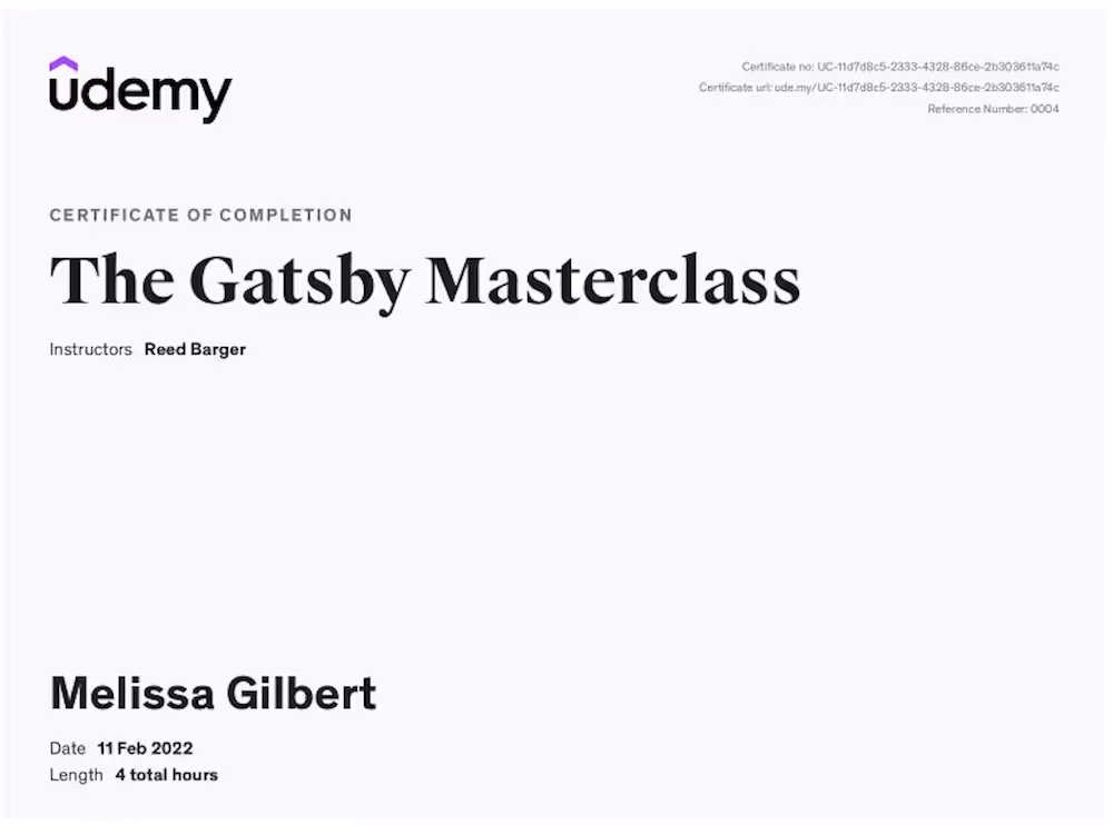 Gatsby masterclass - Melissa Gilbert certificate