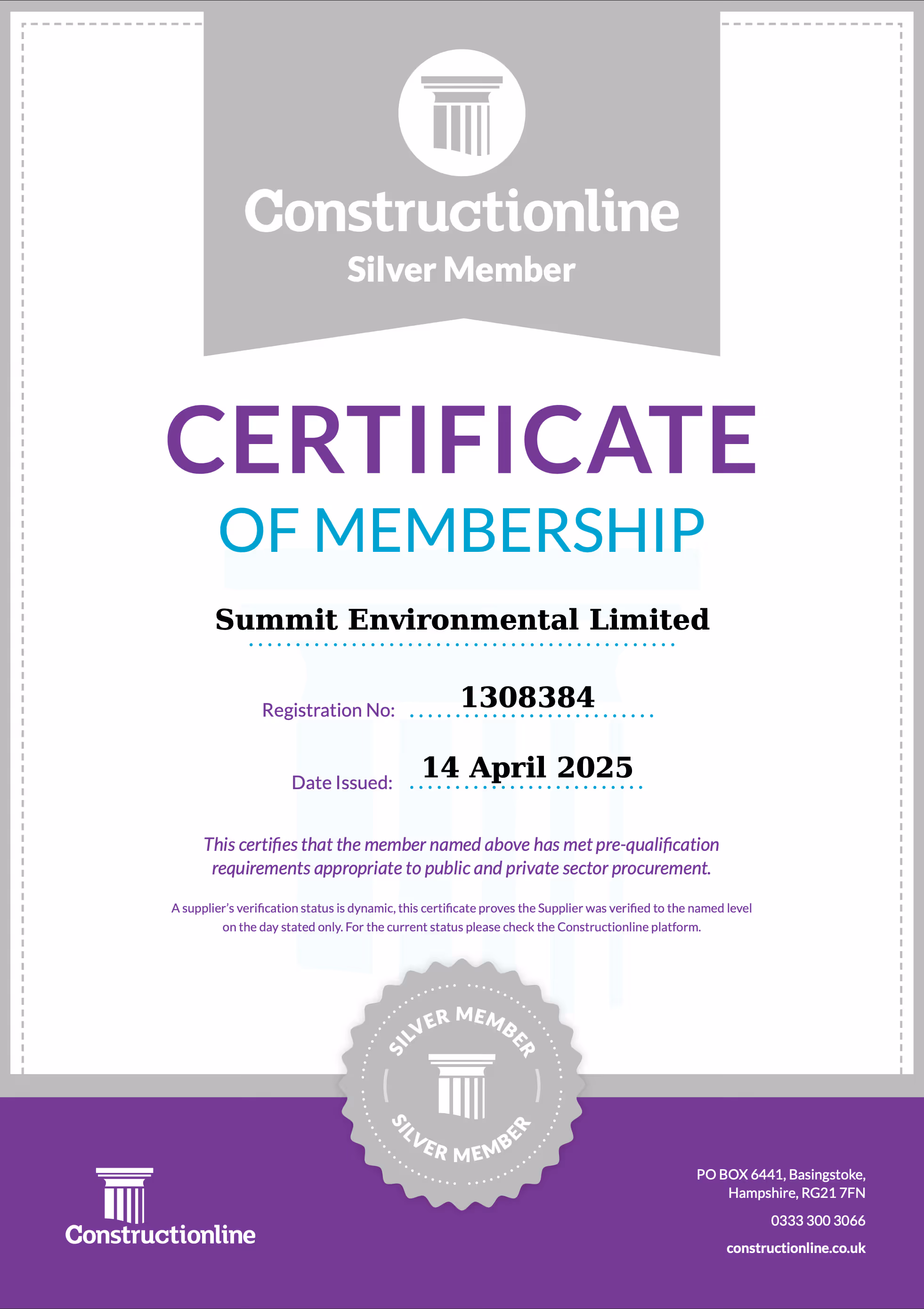 Certificate of Membership for Summit Environmental Limited, registration number 1308384, issued on April 14, 2025.