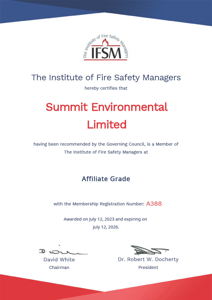 Certificate showing Summit Environmental Limited as a member of the Institute of Fire Safety Managers.