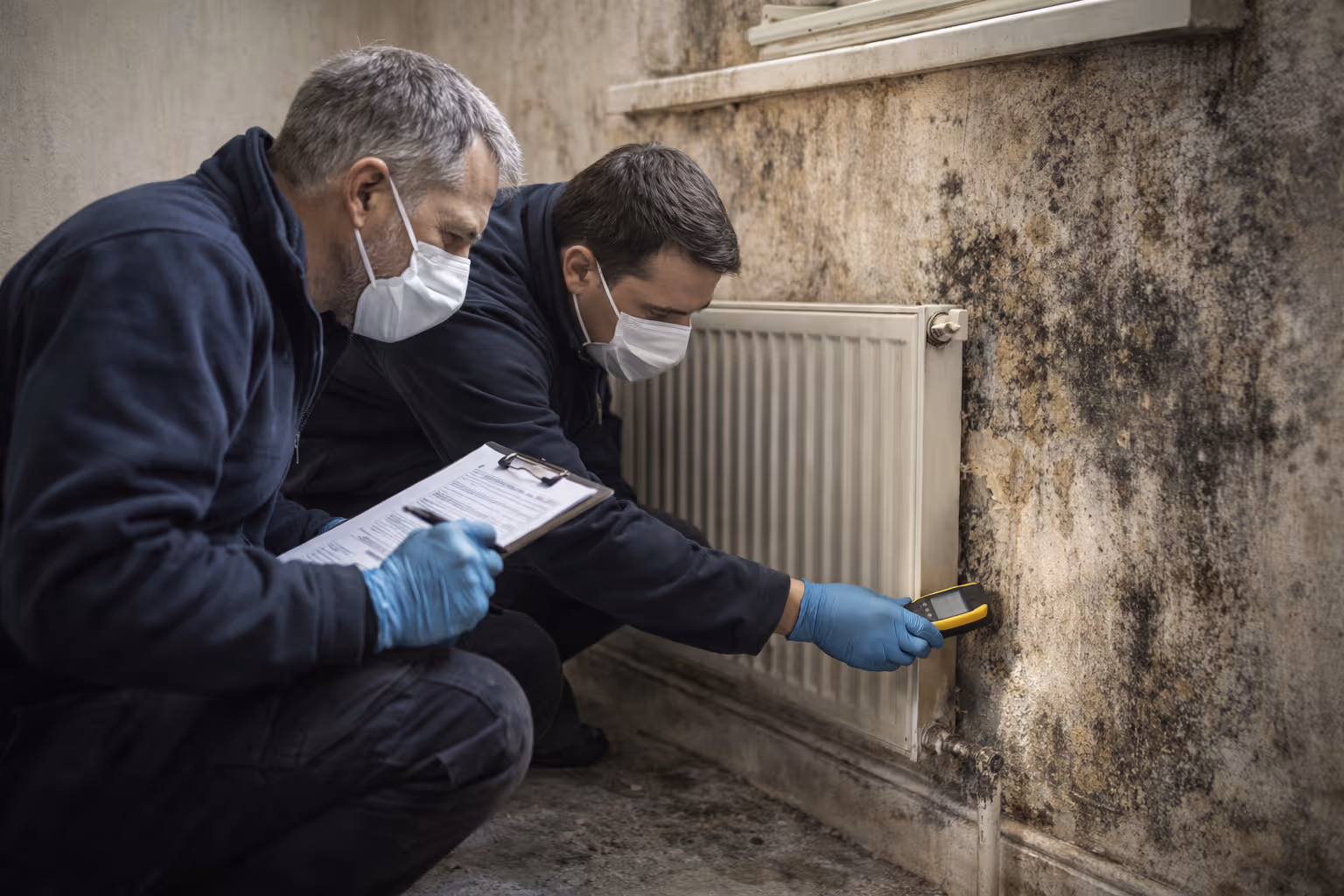 Two men wearing masks examine mold on a wall next to a radiator using a device.