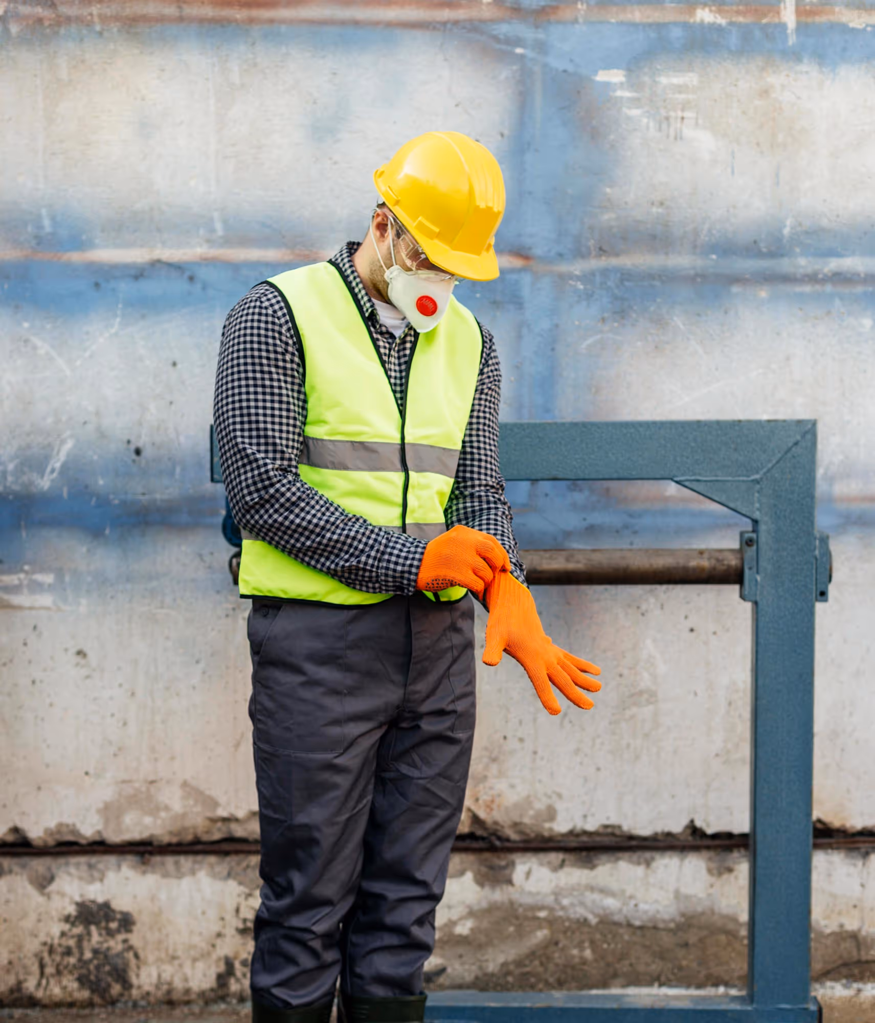 A worker in a safety vest and helmet puts on orange gloves in an industrial area.