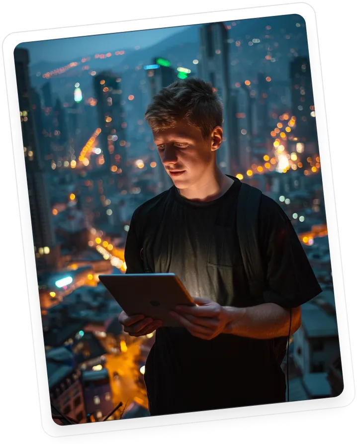 A man standing in front of a cityscape holding a tablet.